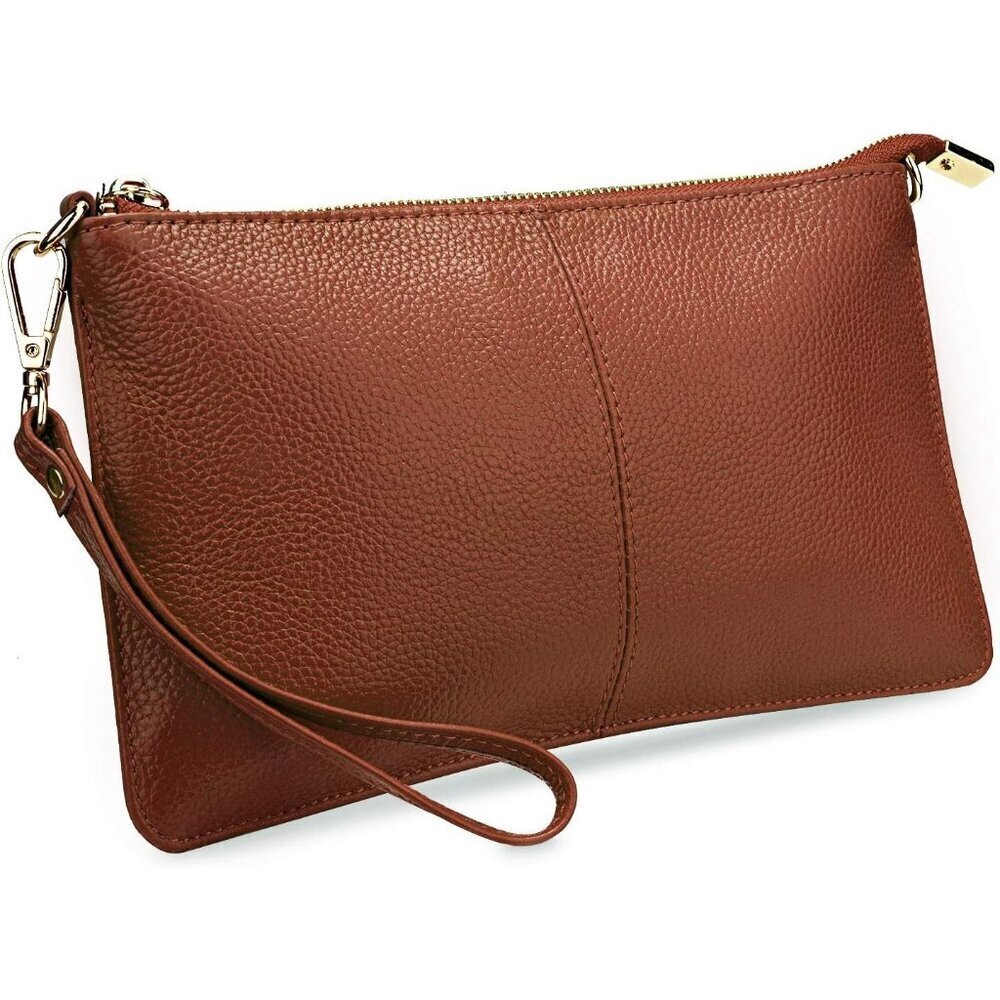 RFID Blocking Brown Chain Wristlet Purse Women Small Clutch Zipper Pockets